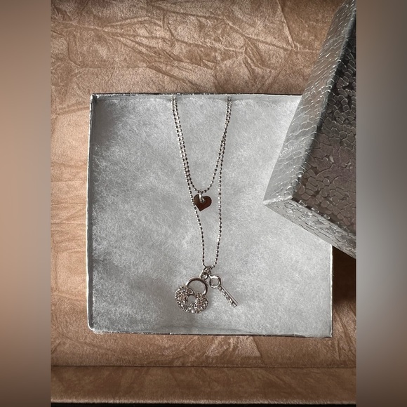 Double Chain, Layering Lock & Key Necklace (Silver) - Picture 6 of 7